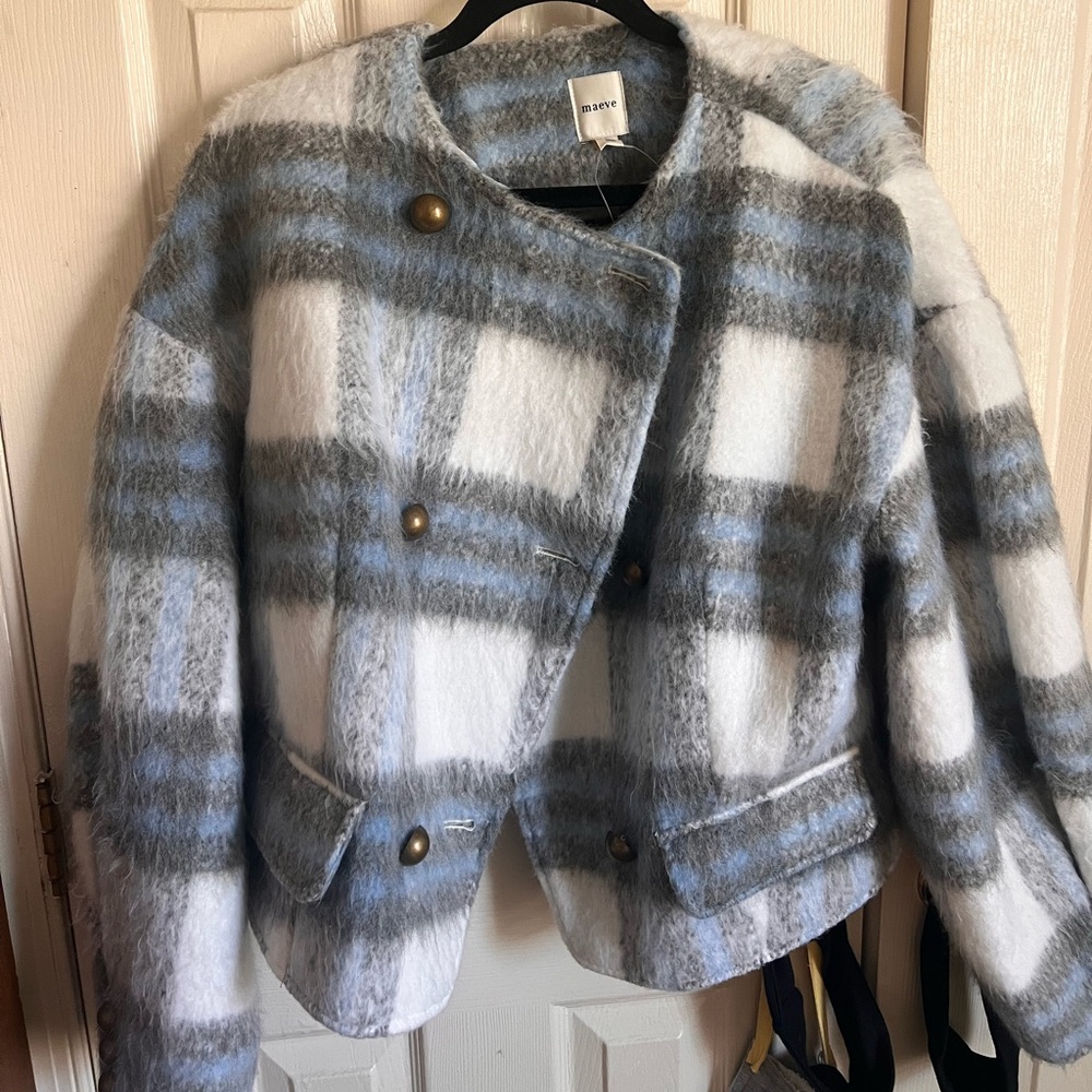 Maeve Blue, Gray & White Plaid Wool-Blend Cropped Pea Coat